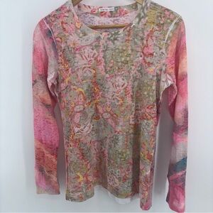 WHIMSY ROSE Sundance Women M Top Boho Chic Baby Waffle Pink Floral Long Sleeve